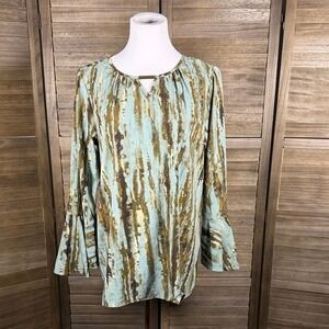 Belle by Kim Gravel Blue Brown Abstract Print Bell Sleeve Blouse Top Medium